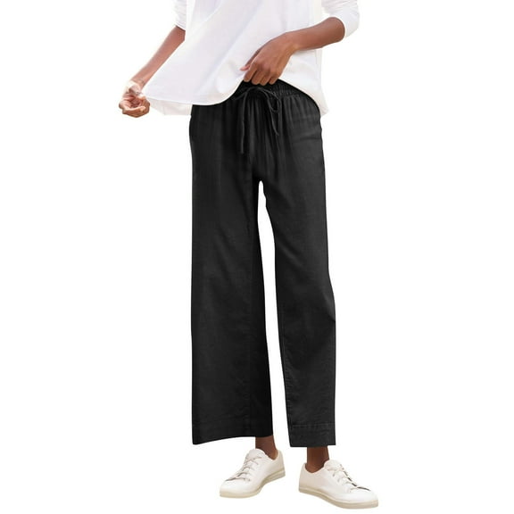 Atogsazn Women's Wide Leg Linen Pant Casual Loose Lightweight Pants Drawstring Fashion Trouser with Pockets Black XL