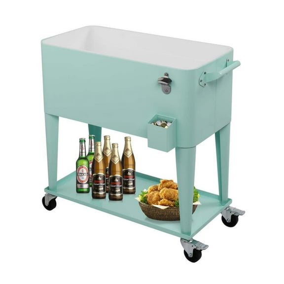 Wqmh 80 Quart Rolling Ice Chest, Portable Bar Drink Cooler with Catch Basin, Bottom Storage Tray and Bottle Opener for Patio Party BBQ Beach Activities,Green