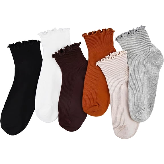 CoCoMangos 6 Pairs Cute Ruffle Socks for Women, Woman Color Frilly Ankle Socks, Cotton Lettuce edge Stockings for Girls Students