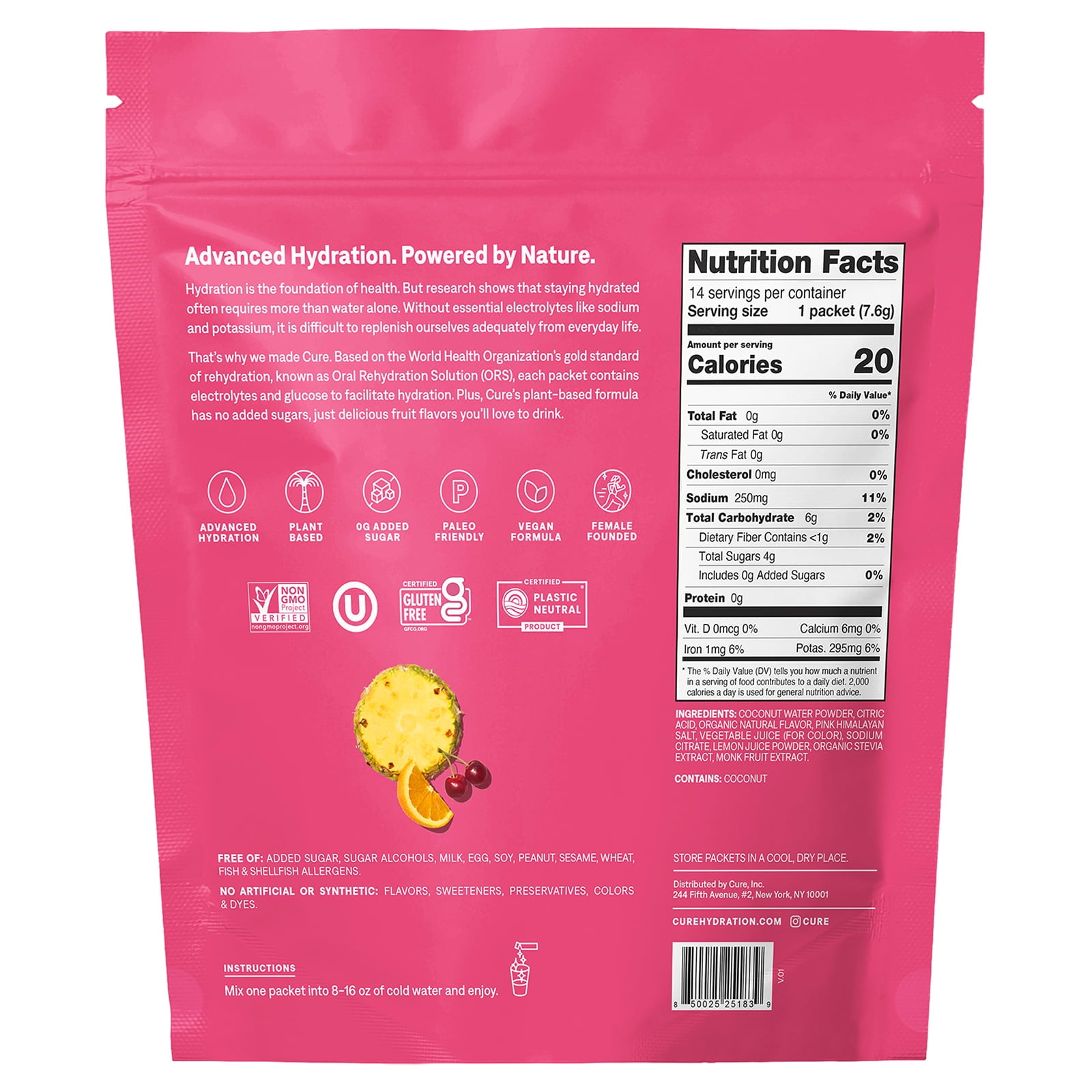 Cure Hydration, Electrolyte Drink Mix, Tropical Punch, 14 Packets, 0.27 oz