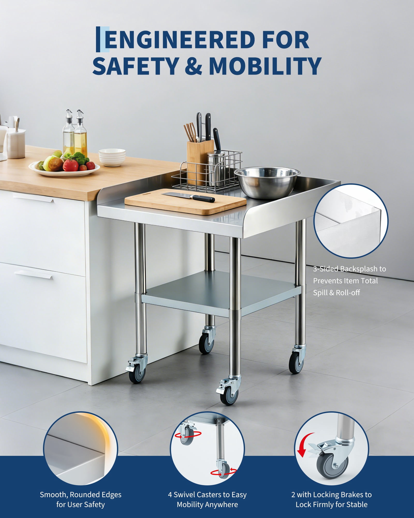 Stainless Steel Rolling Work Table, Commercial Prep Table with 3-Sided Fixed Backsplash & Adjustable Undershelf for Restaurant Garage - 24x30 Inch
