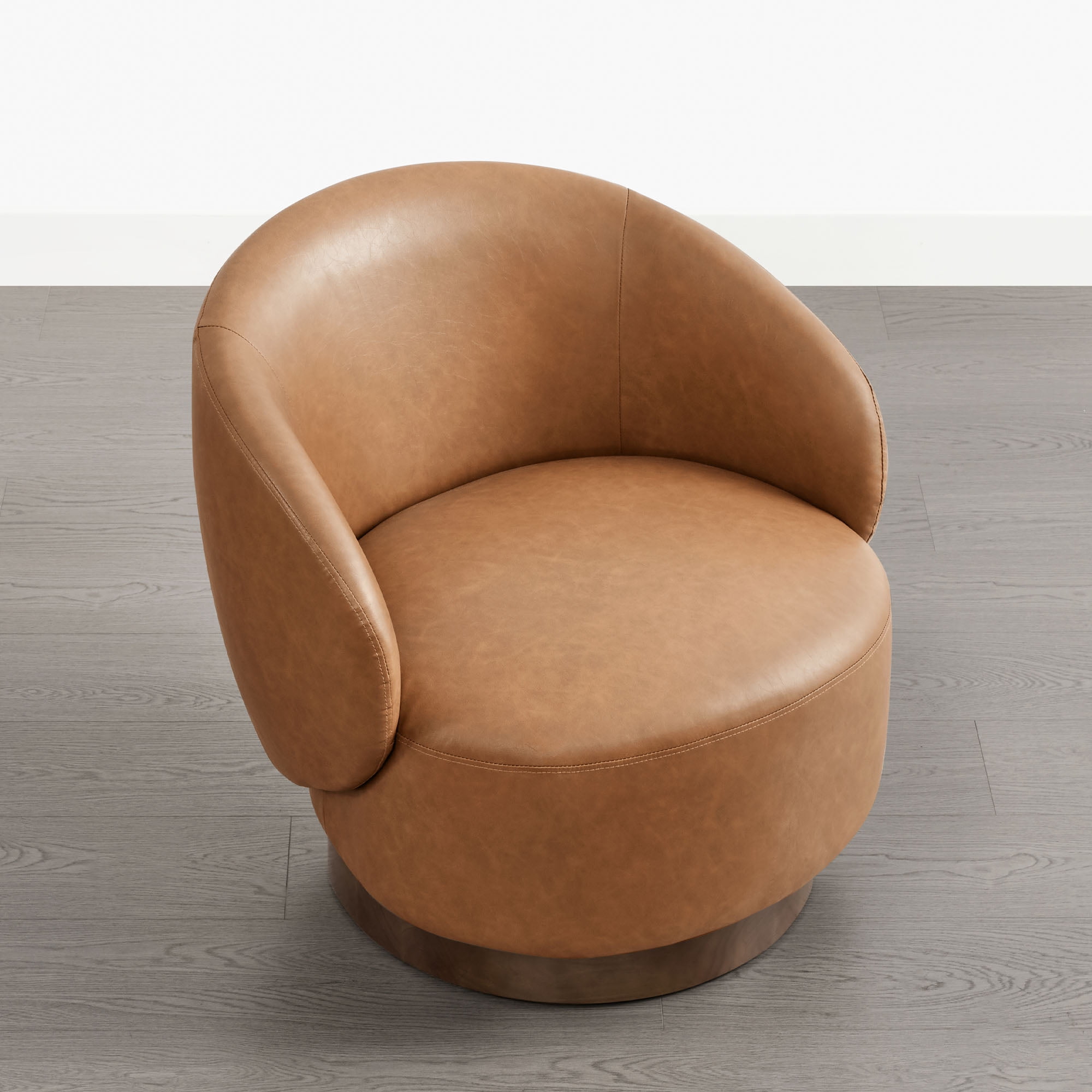 Spruce & Spring Upholstered Swivel Accent Chair with Curved Back Single, Saddle Brown-Faux Leather