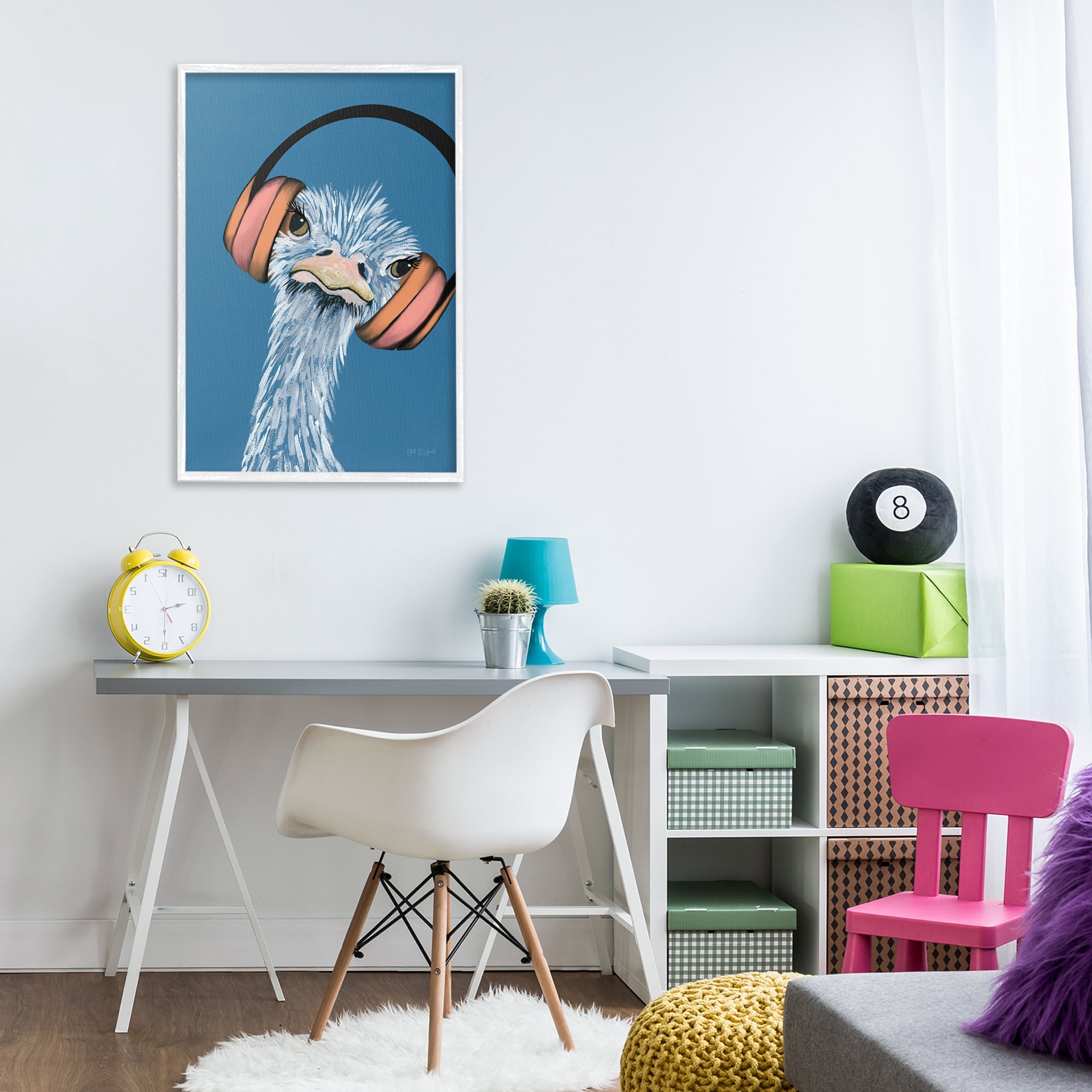 Stupell Industries Ostrich with Headphones Animals & Insects Painting White Framed Art Print Wall Art, 20 x 30