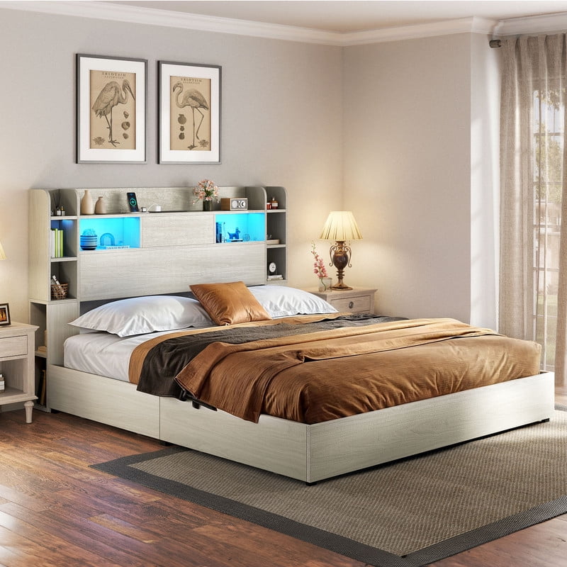 Uforic Queen Bed Frame With Bookcase Headboard & LED Lights, Storage Bed with Power Outlets & 4 Drawers, White