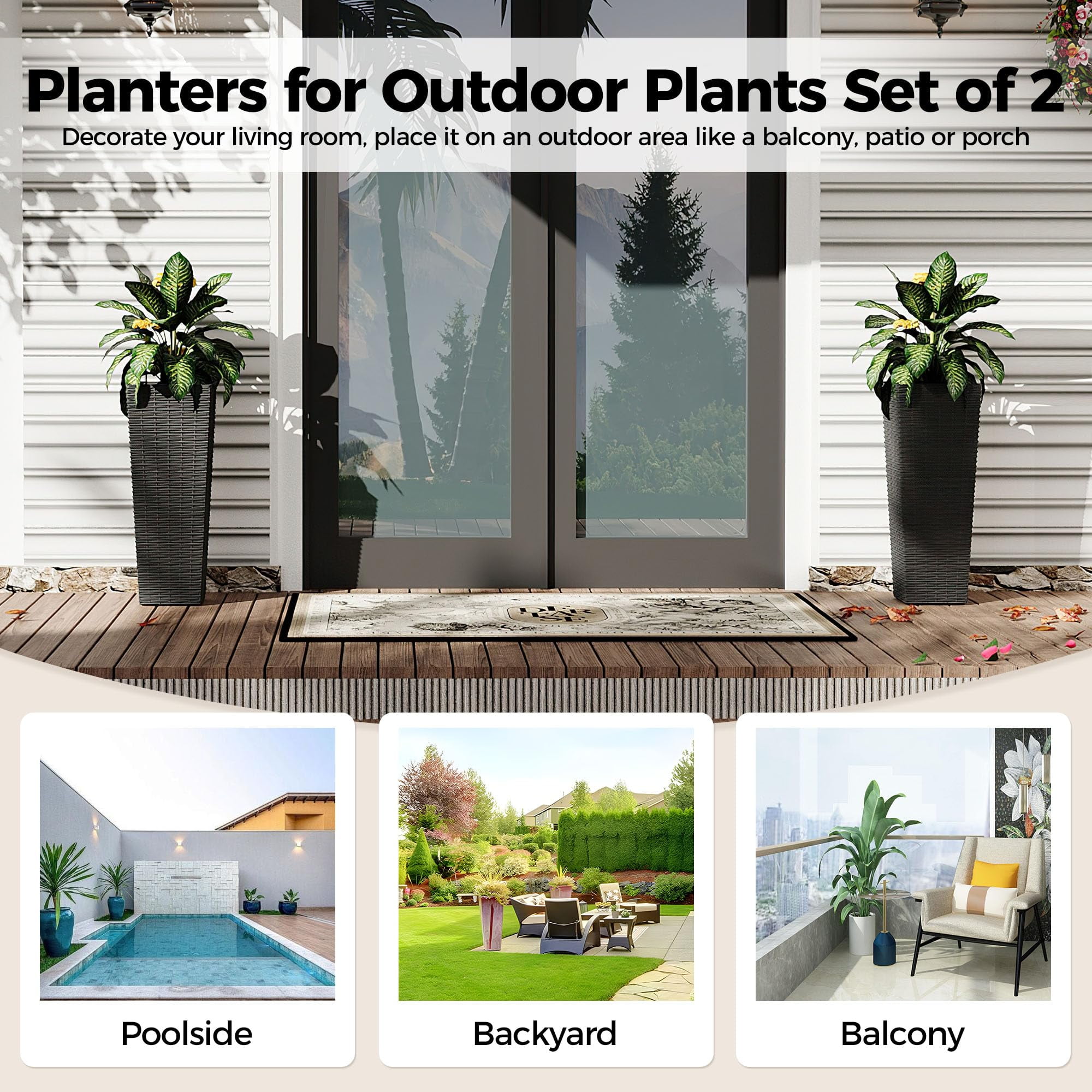 Huisuilinss Tall Planter Set Of 2 For Outdoor Plant,Tapered Planter,Decorative Flower Pots With 4 Drainage Holes For Indoor Outdoor Front Porch Patio Backyard Home Garden