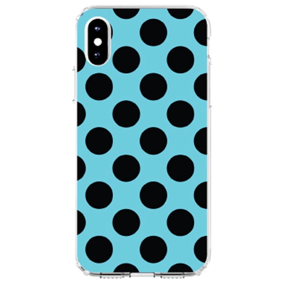 DistinctInk Clear Shockproof Hybrid Case for iPhone XS Max (6.5" Screen) - TPU Bumper, Acrylic Back, Tempered Glass Screen Protector - Black & Blue Polka Dots