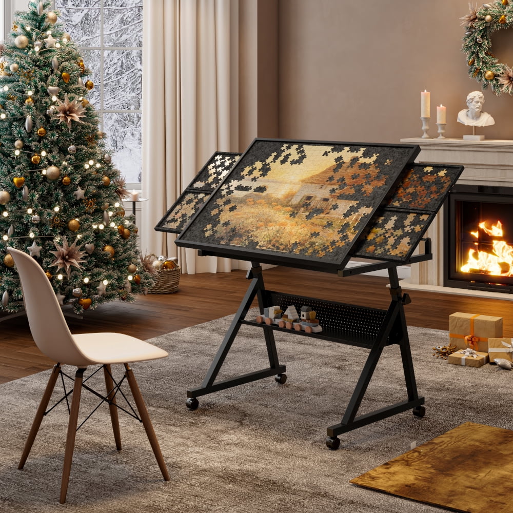 1500 Pieces Jigsaw Puzzle Table for Adults – Metal Tabletop with 4 Storage Trays | White, Ideal Gift for Puzzle Lovers | Neat Storage for Home/Game Room Use（black）