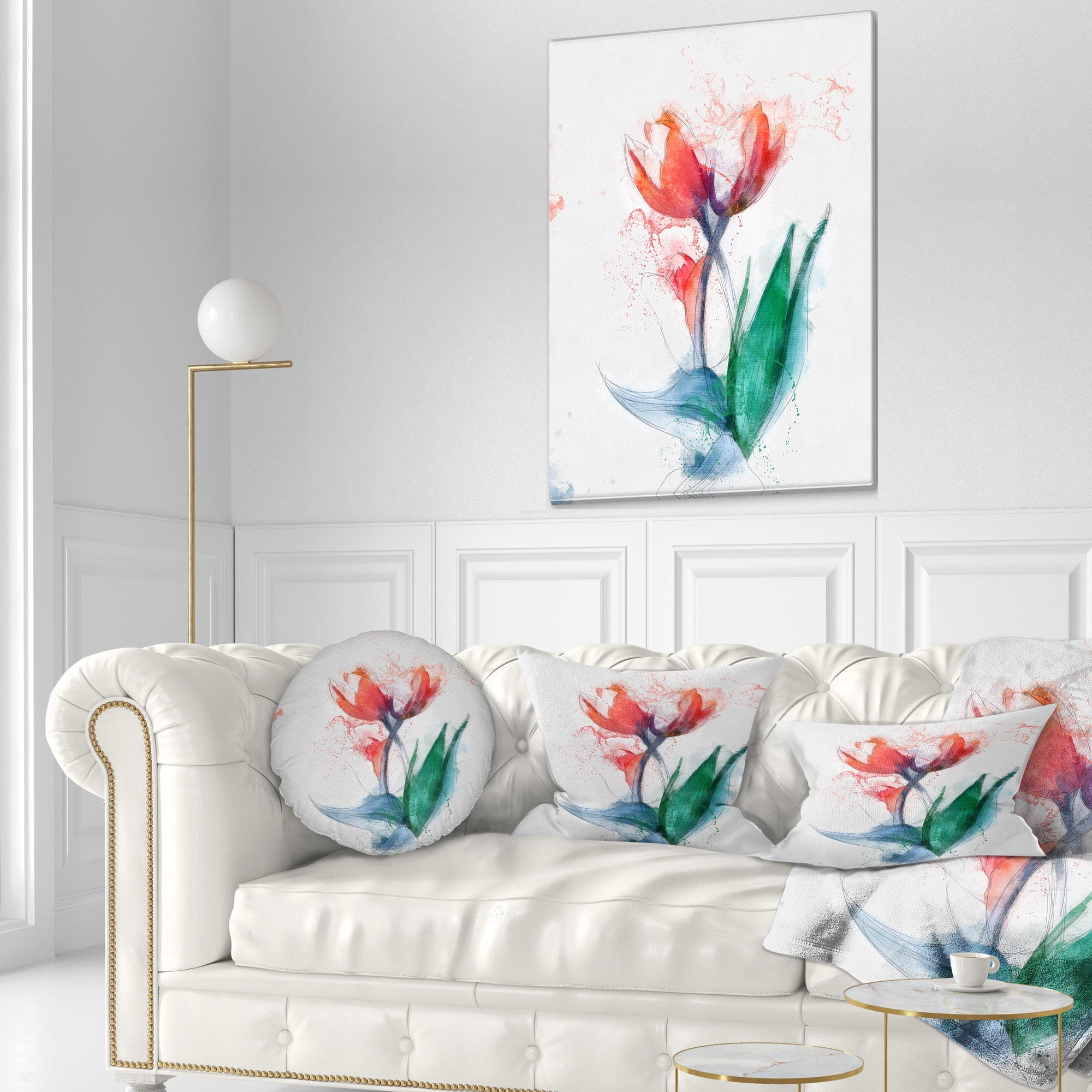 Designart Red Hand drawn Tulips Sketch - Floral Throw Pillow - 12x20