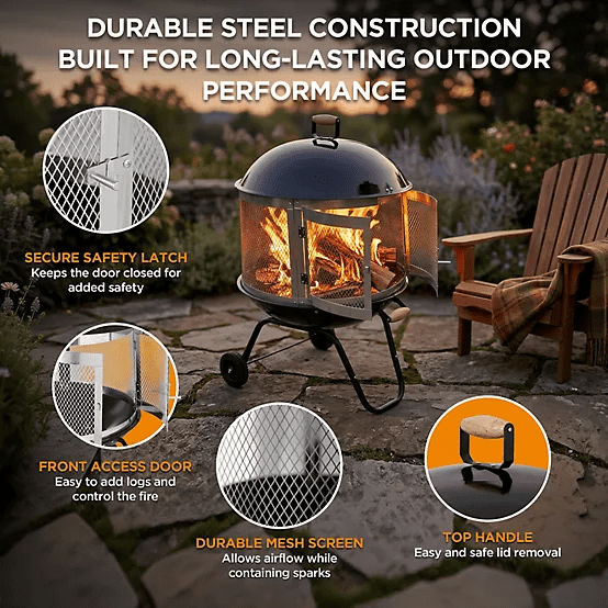 Red Mountain Valley 28" Portable Wood Burning Fire Pit with Wheels, Spark Screen, Cooking Grate & Poker, Round Outdoor Steel Firepit for Patio Backyard Camping