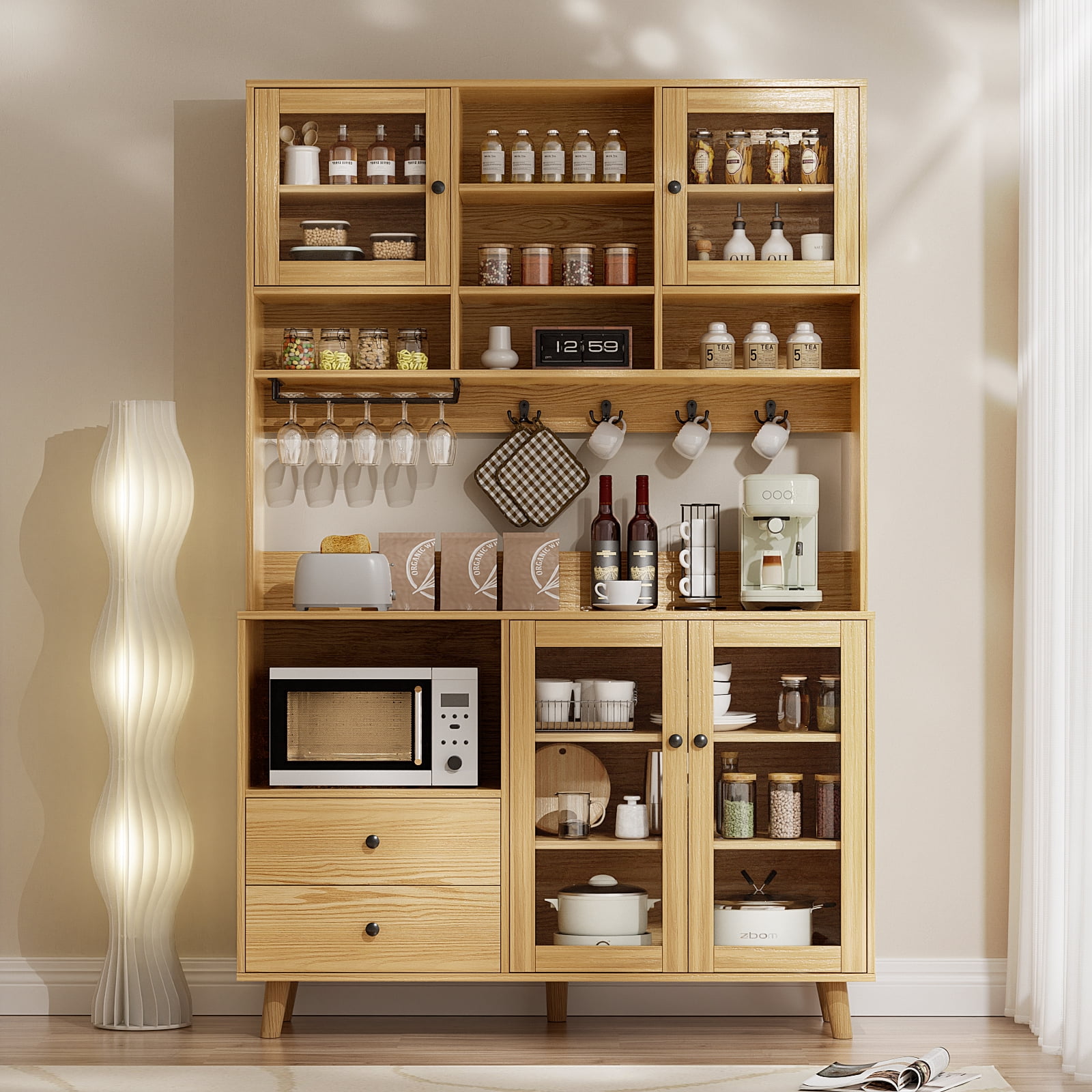 RichYa 72.5''H Pantry Cabinet with Doors & Drawers,Kitchen Storage Cabinet with Microwave Shelf & Wine Rack,Hutch Cabinet Coffee Bar for Dining Room,Wood