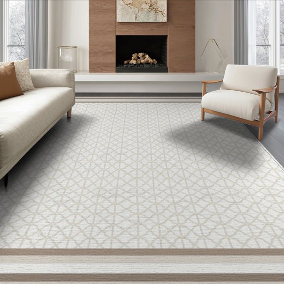 ODIKA 8'x10' Washable Area Rug Neutral Interlocking Boho Geometric Minimalist Farmhouse Ivory for Dining Room, Large Office, Lounge, Non-Slip Chair-Friendly Mat