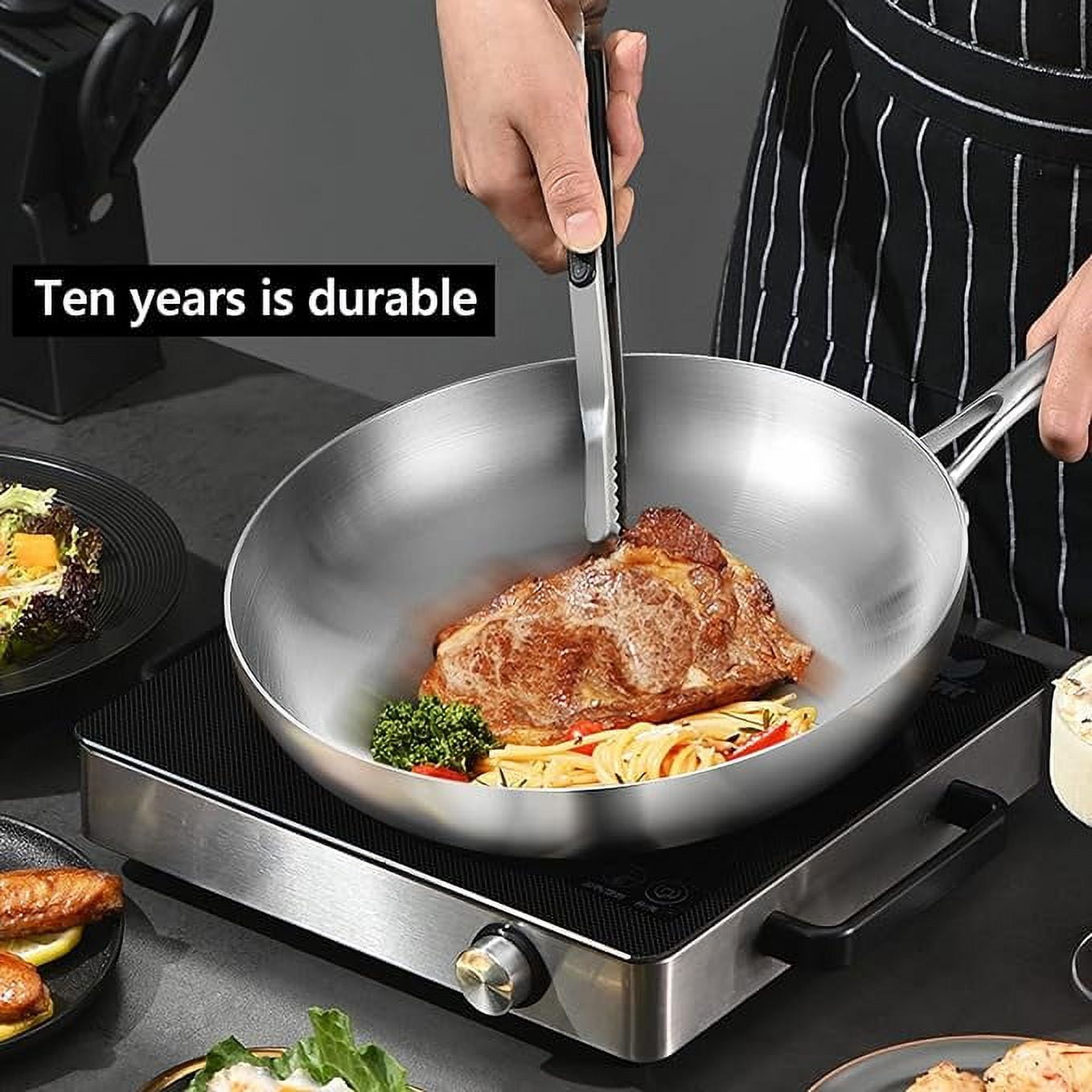 LOLYKITCH 12 inch Tri-Ply Stainless Steel Frying Pan,Skillet,Induction Pan,Dishwasher and Oven Safe.(Removable Handle)