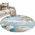 thumbnail image 2 of Marine Life Round Living Room Rugs 4 ft, Shell Coral Eucalyptus Leaves Blue Wood Grain Washable Area Rug with Non-Slip Sturdy Edge Binding Round Carpet for Entryway Kitchen Bedroom Bathroom, 2 of 9
