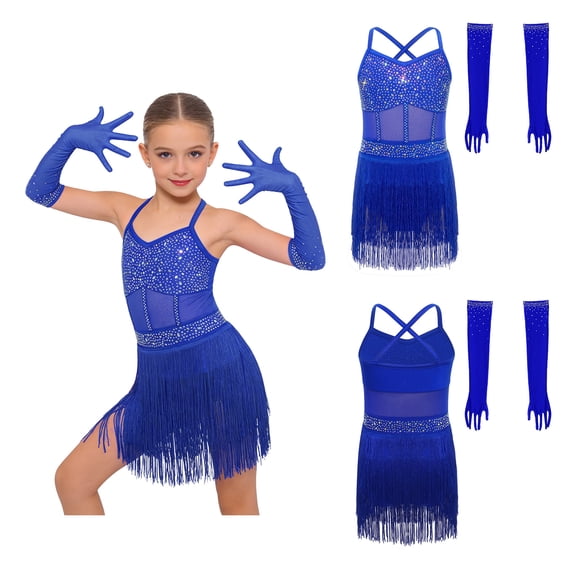 Choomomo Girls Sequin Fringed Dresses Tassel Skirted Leotard Latin Dance Outfits with Gloves Party Bodysuit Royal Blue 16