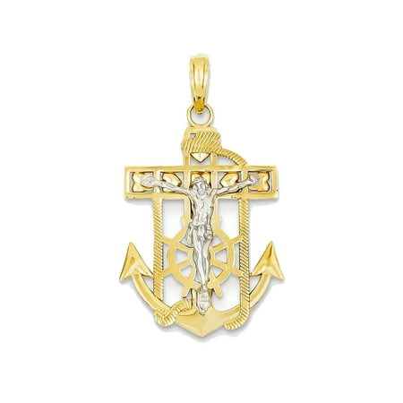 14k Gold Mariners Cross - 14K White and Yellow Gold Mariner Anchor Cross Charm Pendant - 33mm