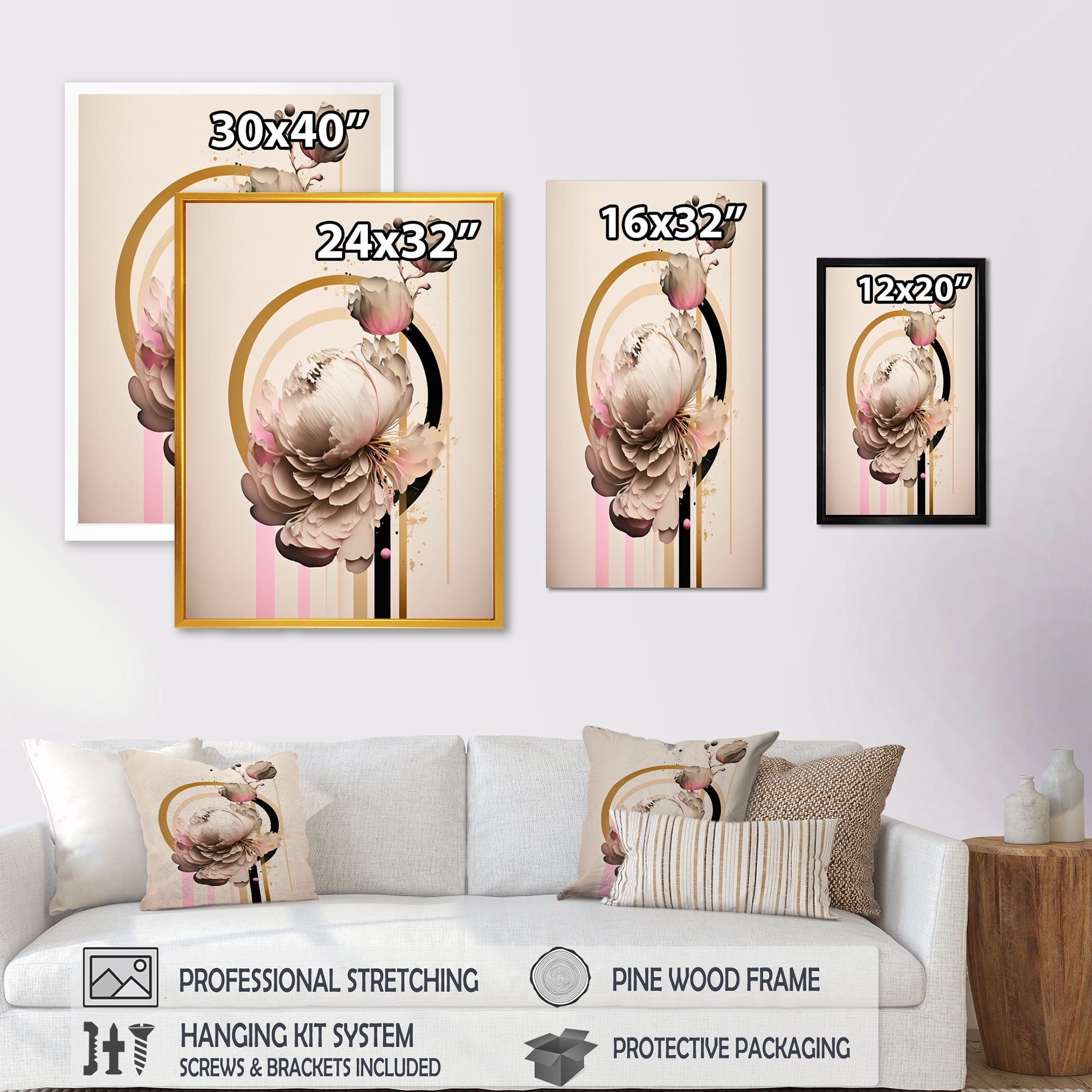 Designart Beige And Pink Peony Flowers Hyperrealistic I Canvas Wall Art