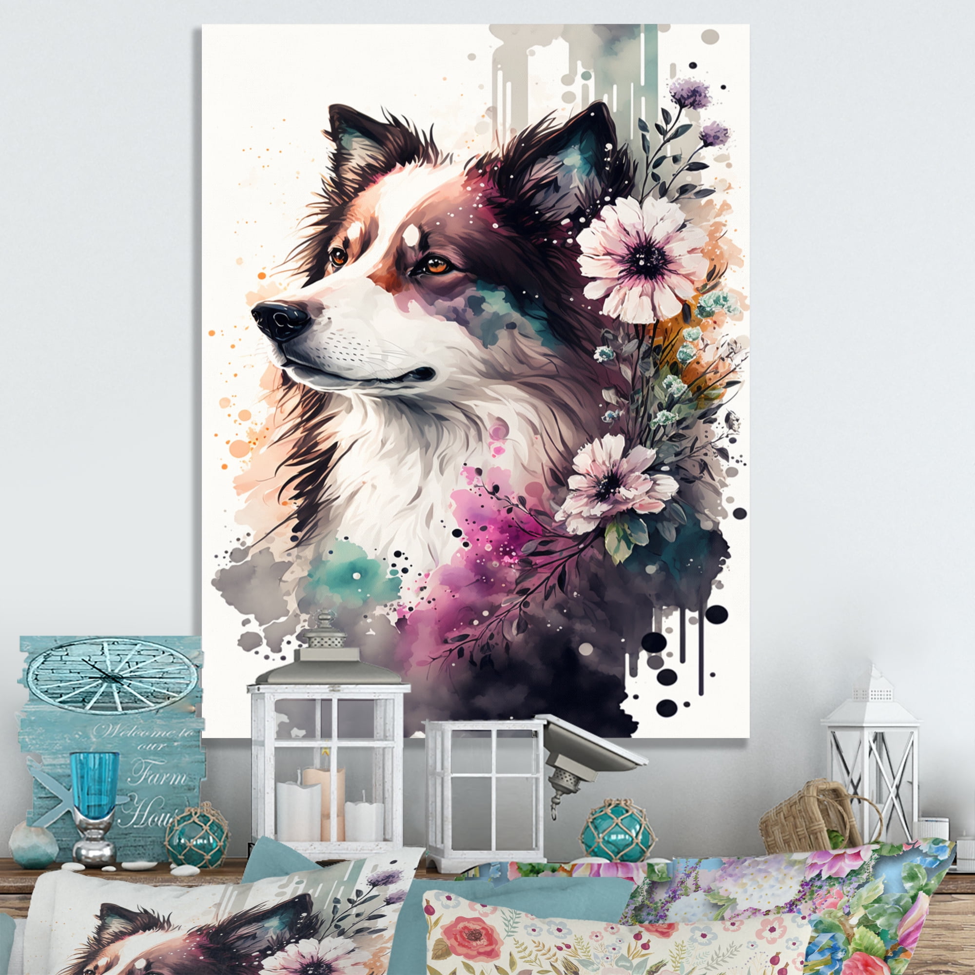 Designart Cute Dog Floral Art III Canvas Wall Art