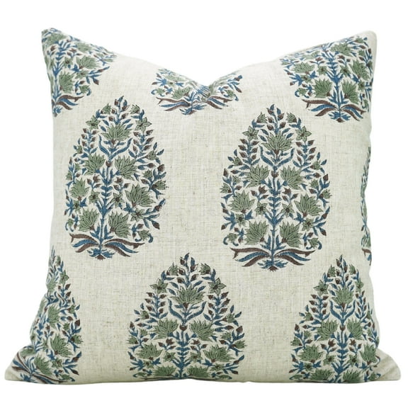 Fabdivine Floral Block Print Boho Decorative "Viscose Linen" Throw Pillow Cover, Handblock Printed Cushion Cover for Sofa , 14"X14", "Gray"