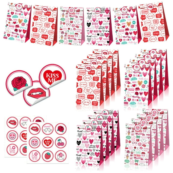 Amaopus 16 Pcs Valentine Gift Bags, Valentine Treat Bags with Stickers, Valentine Goodie Bags for Kids, Valentine's Day Gifts for Kids, Valentine's Decorations Party Favors