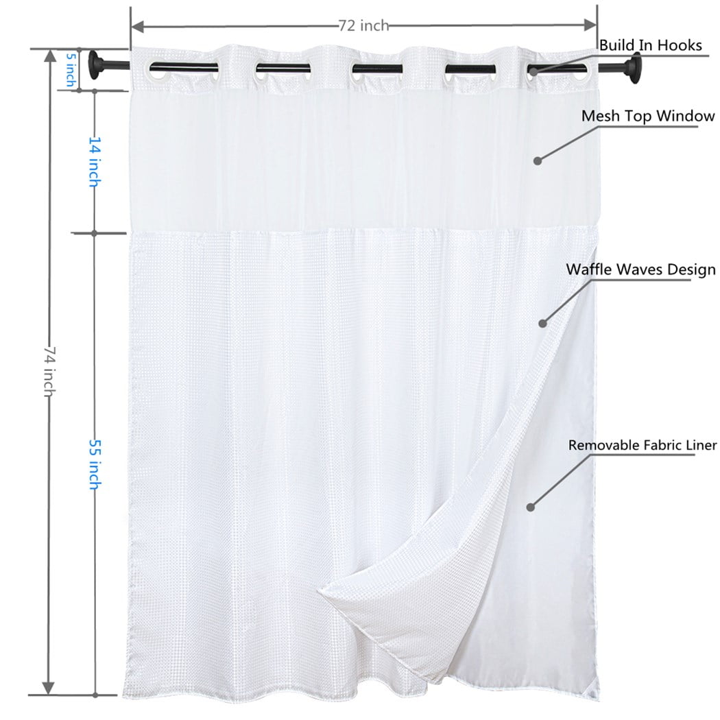 Goodbath No Hooks  Shower Curtains  With Snap in Liner Waffle Waves  Pattern for Bathroom Hotel, 72" x 74", Double Layer,Mesh Top Window,Washable, 1 Count, White