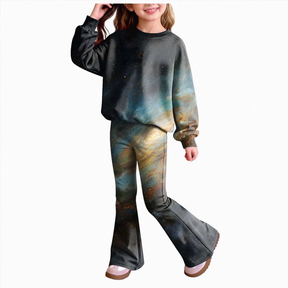 Ccpelsie Toddler Baby Girl Clothes Fall Winter Kids Outfit Floral Crewneck Sweatshirt Bell Bottom Pants Set(Blue,5-6 Years)