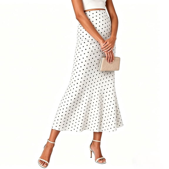 Uscallm Women's Polka Dot Midi Skirt High Low A-Line Maxi Casual Elegant Vacation Beach Skirts for Women, White 2XL