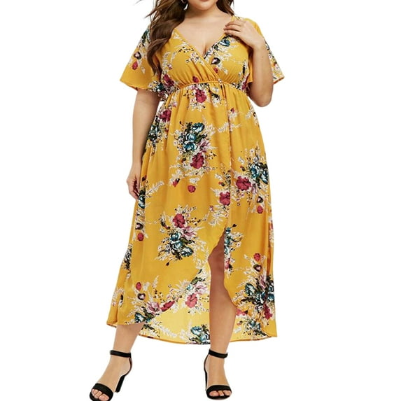 DYMADE Women's Summer Vocation Bohemian Floral Print Short Sleeve V-Neck Wrap Plus Dresses