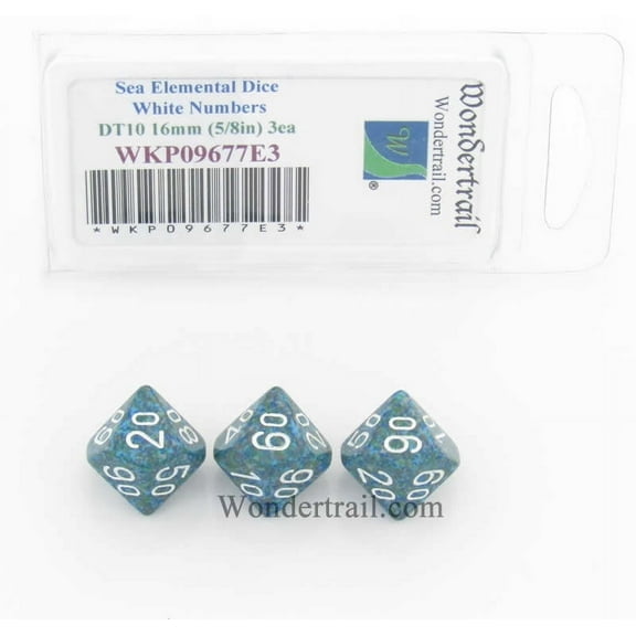 Sea Elemental Dice with White Numbers DT10 16mm (5/8in) Pack of 3 Wondertrail