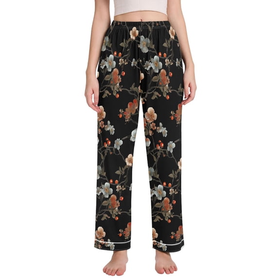 FORMRS Women's Pajama Pants with Pockets Soft Comfy Loungewear Sleep Bottom, Sizes S-2XL, Black Flowers