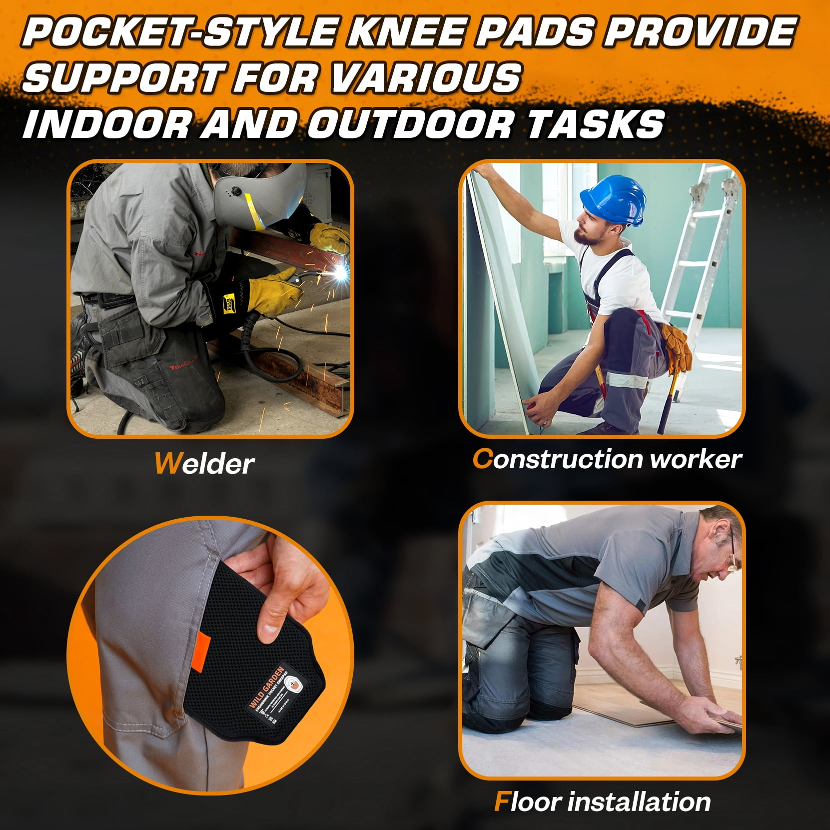 Professional Knee Pads for Work, Ergonomic Comfort Insert Kneepads for Plumbers, Electricians, Construction, Flooring, Gardening and Landscaping, Compatible with Work Pants