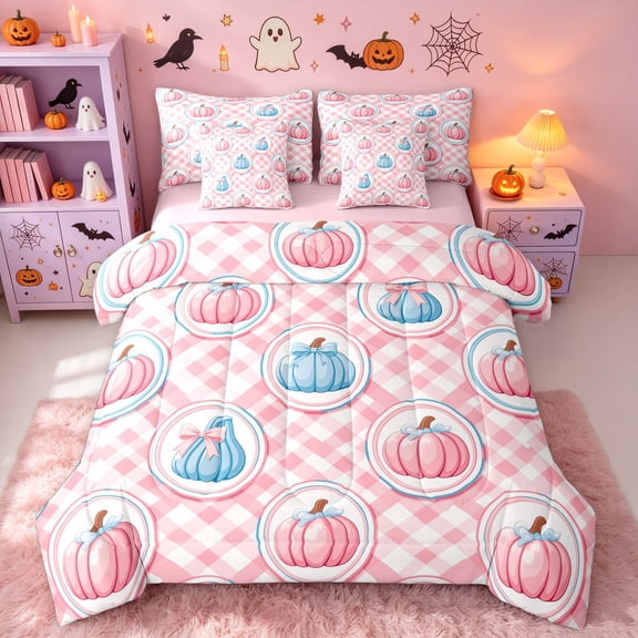 Erosebridal Kawaii Pumpkin Twin Bedding, Buffalo Plaid Bedding Comforter Set, White Pink, Pink Reversible, 7 Pieces