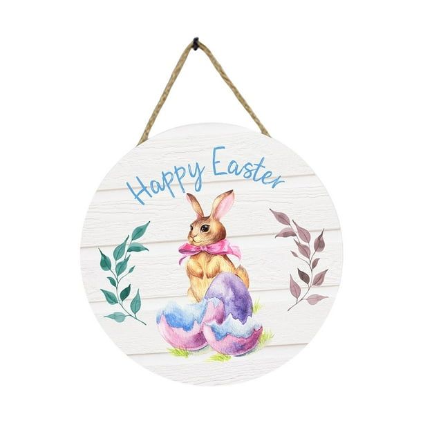 Letrero redondo de Pascua para puerta con diseño de conejo de madera y reverso de cuerda de yute rústica. Estilo A