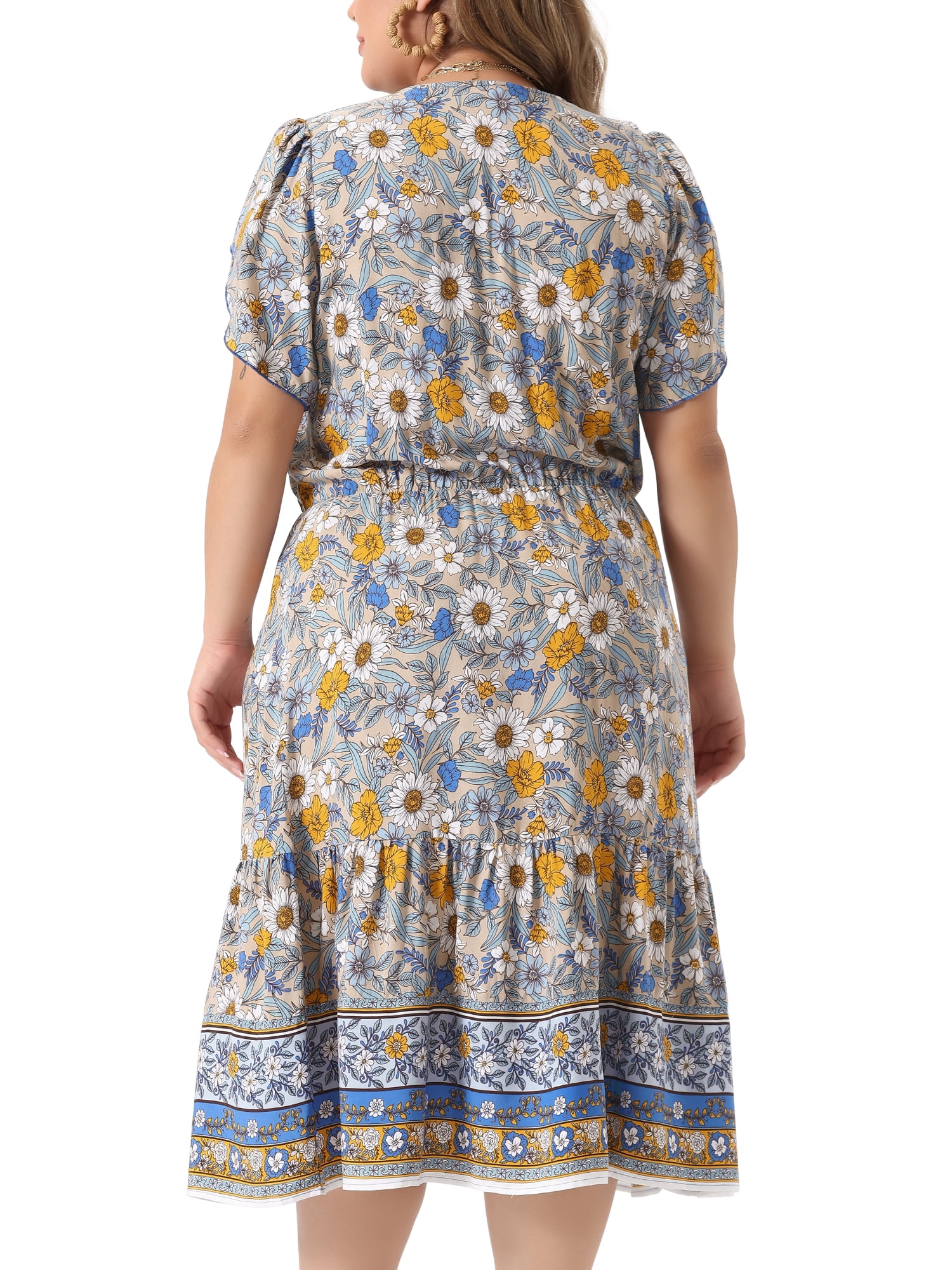 DARING DIVA Plus Size V Neck Short Sleeve Floral Midi Dress 3X Beige