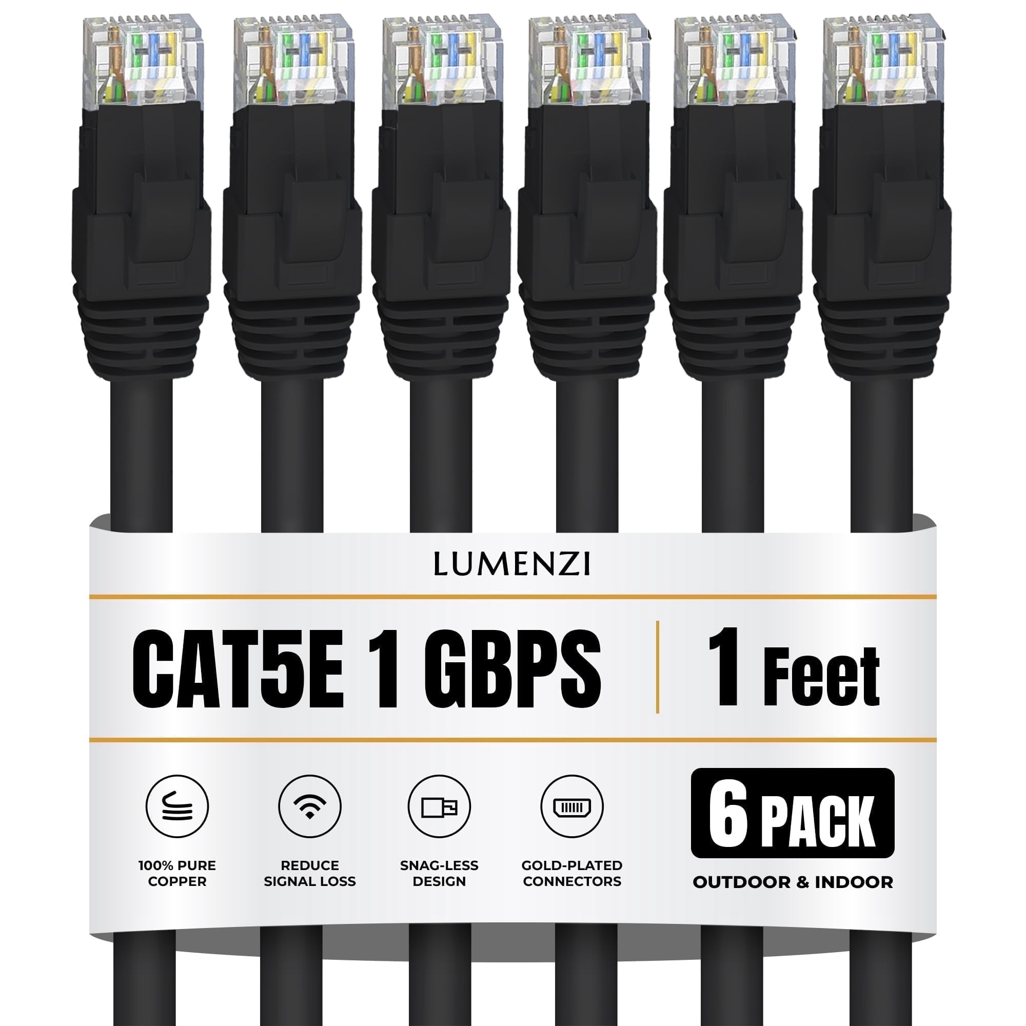Cat 5e Ethernet Cable 1 FT in Black 6 Pack 1 Gbps Speed Network Short Round Rj45 Outdoor Indoor Direct Burial Bare Copper LAN Patch Cable for Router Gaming PS5 XBOX Printer Computer CCTV Switch