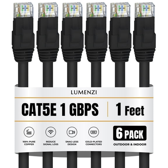 Cat 5e Ethernet Cable 1 FT in Black 6 Pack 1 Gbps Speed Network Short Round Rj45 Outdoor Indoor Direct Burial Bare Copper LAN Patch Cable for Router Gaming PS5 XBOX Printer Computer CCTV Switch