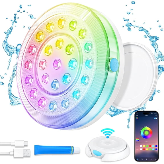 Rechargeable Submersible Pool Lights with Wireless APP Control, Waterproof Underwater Smart LED Lights Controlled Multiple Lighting Modes, 4000mAh Magnets Lights for Multi Scene Pool Decoration