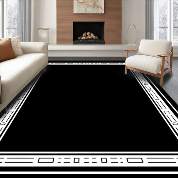 ODIKA 4'x6' Machine Washable Non-Slip Area Rug, Elegant Bordered Minimalist Pathway With Sophisticated Edge High Traffic Rug, Black, 577434