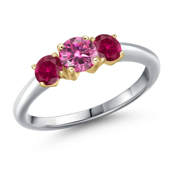 Gem Stone King 925 Silver and 10K Yellow Gold Pink Moissanite and Red Created Ruby Engagement Ring for Women | 1.00 Cttw | Round 5MM | Gemstone Birthstone | Size 6