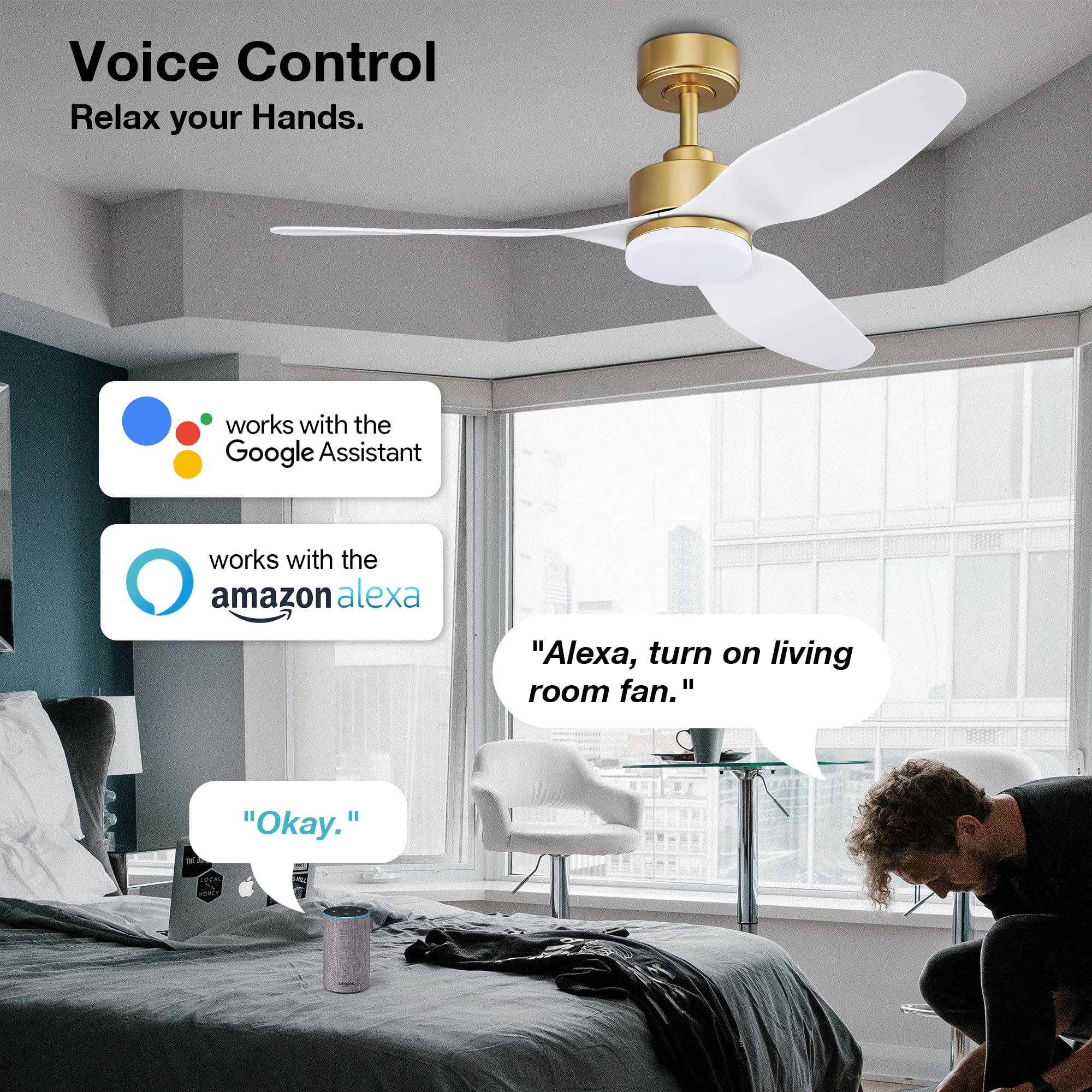 48 Inch Smart Ceiling Fans with Lights and Remote Control,Dimmable LED Light,Outdoor Indoor Gold White Ceiling Fan,Quiet DC Motor,WIFI Alexa App Workable,for Modern Bedroom Living Room Patio