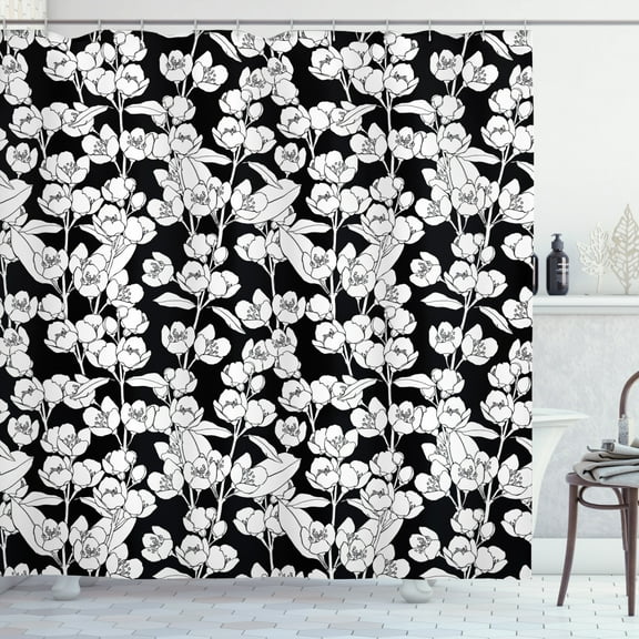 Jasmine Shower Curtain, Freshly Blossoming Jasmine Branches Designed as Silhouette Flowers Monochrome, Fabric Bathroom Set with Hooks, 69W X 70L Inches, Black White, by Ambesonne