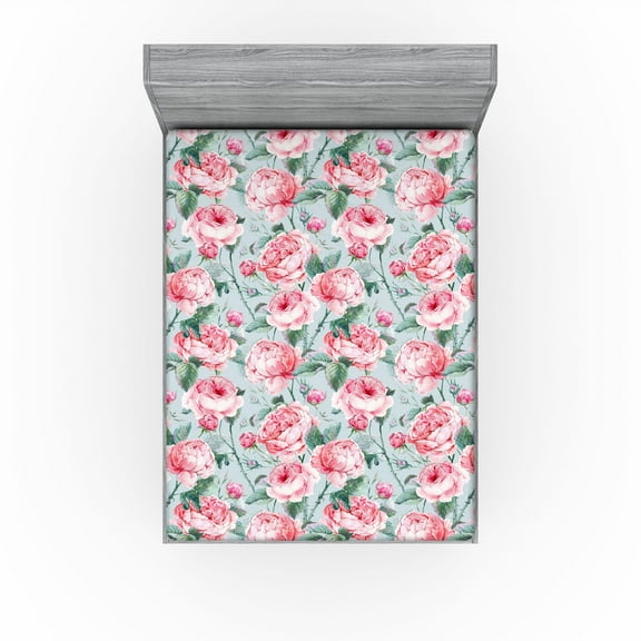 Ambesonne Floral Fitted Sheet, Pastel Pink Peony Flowers, King Size, Pale Blue Pastel Pink