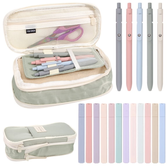 Qianfeng 18 Pcs Aesthetic Stationery Sets with Large Pencil Case 12 Pcs Highlighters 5 Pcs Retractable Black Ink Pens