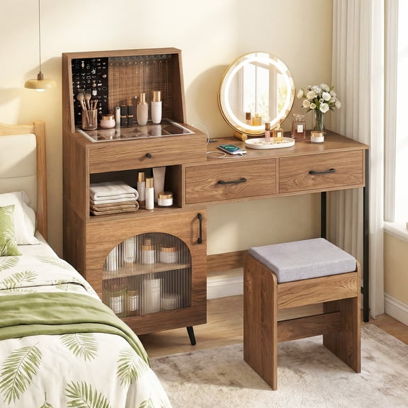 Costway Vanity Desk with Mirror and Lights, 3 Lighting Modes, Glass Desktop, 3 Drawers Walnut