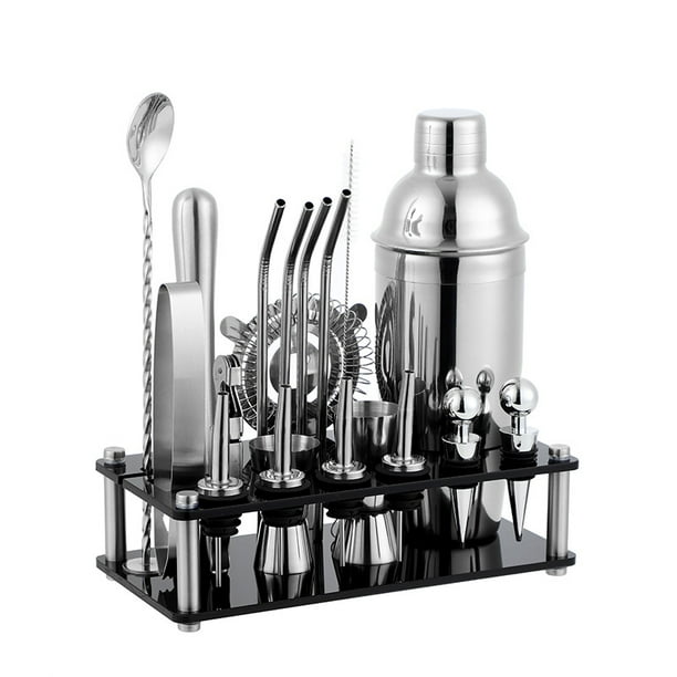 Juego de coctelera de barman con soporte negro y juego de mezcla de bebidas Juego de barra de Martini Los mejores accesorios de barra (plata) 20 piezas