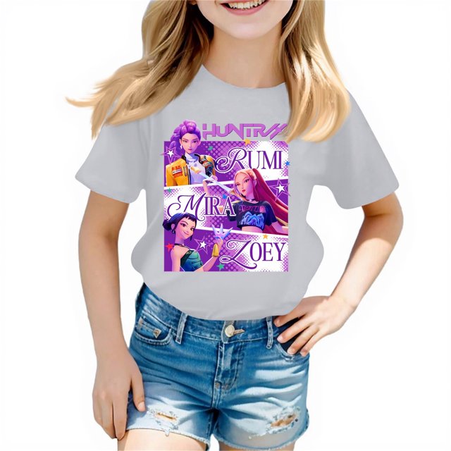 Moonsky Camisetas pop Hunt-ers de manga corta, jersey con estampado HUNTR/X, camisetas de verano, camisetas casuales holgadas para niñas, ropa gráfica Gris 130