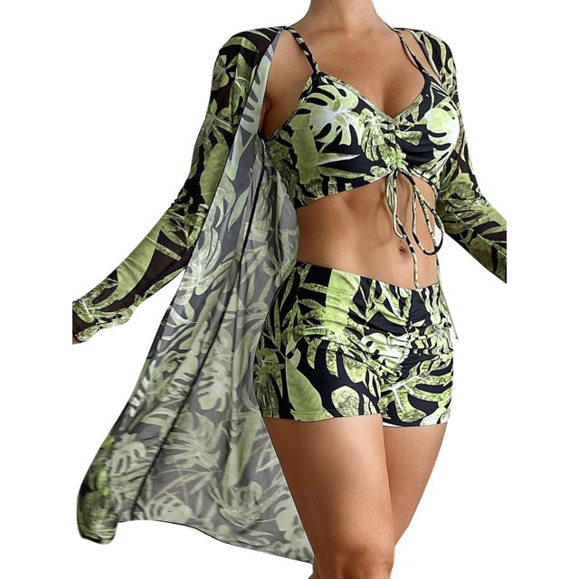 MAWCLOS Women Bathing Suit Ruched Swimsuit Three Pieces Swim Bikini Set Push Up Seaside Floral Print Swimming Suits Fluorescence Green L