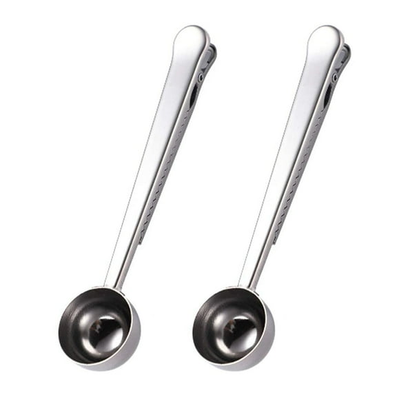 GoXteam 2 Pack Stainless Steel Coffee Scoop with Clip, 2-in-1 Coffee Measuring Spoon for Ground Coffee, Tea, Protein, Rustproof, Dishwasher Safe, Bag Sealer for Freshness