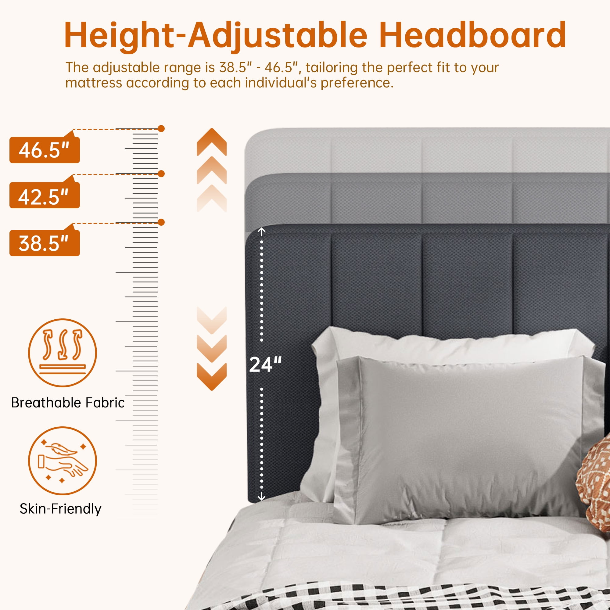 Pingliang Home Queen Size Bed Frame with Adjustable Upholstered Headboard&Wood Slats Support,Gray