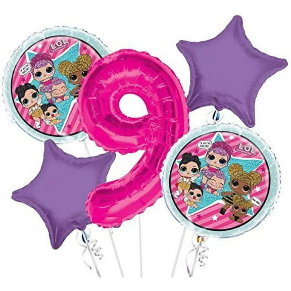 LOL Round Balloon Bouquet 5 pc, 9th Birthday, Hot Pink Number 9 Jumbo Balloon | Viva Party Balloon Collection