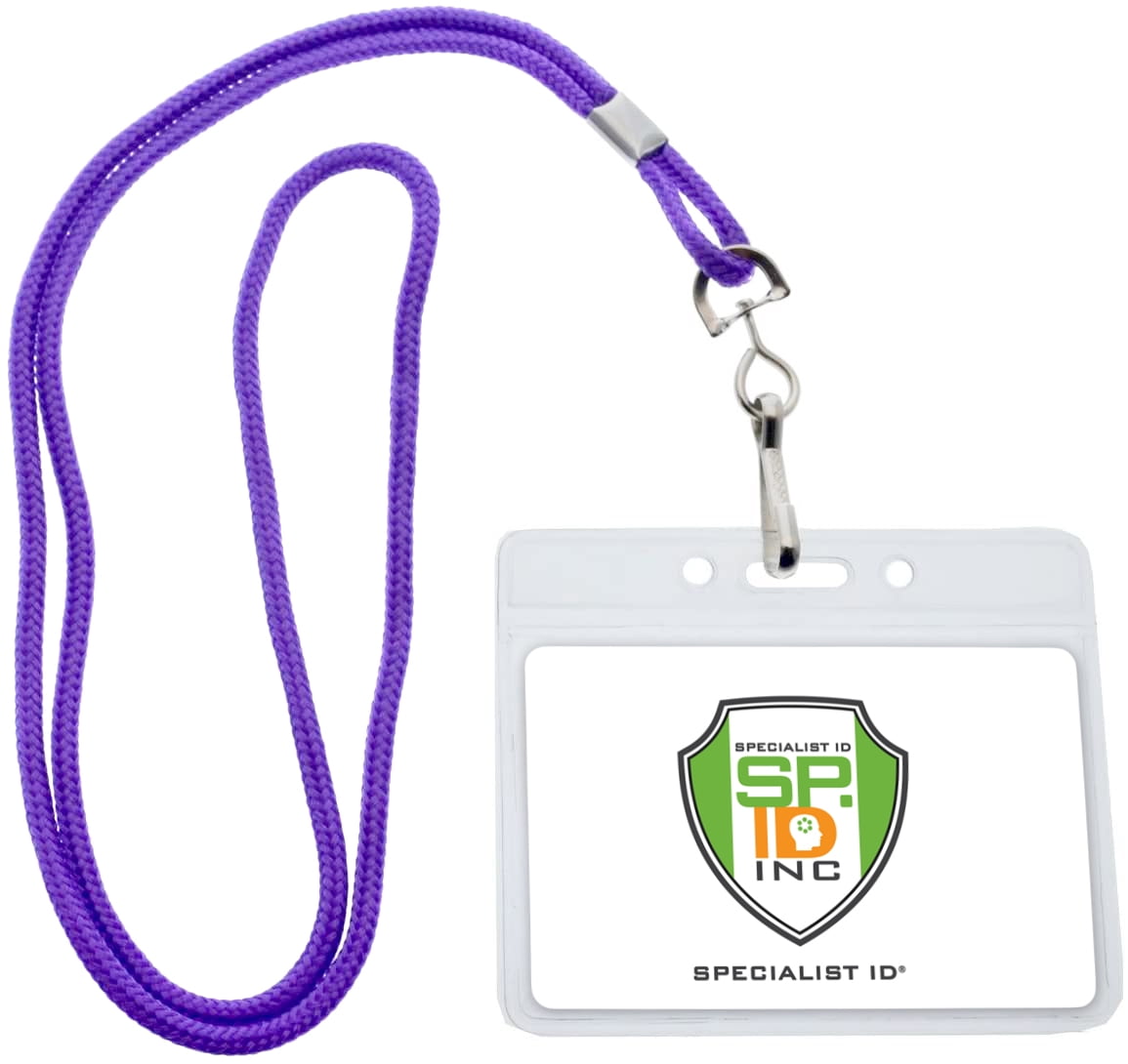 Lanyards with Id Holder Name Badges Waterproof Name tag Badge Holders with Neck Lanyard Swivel J-Hook Clip 50 Pack Purple, Horizontal 